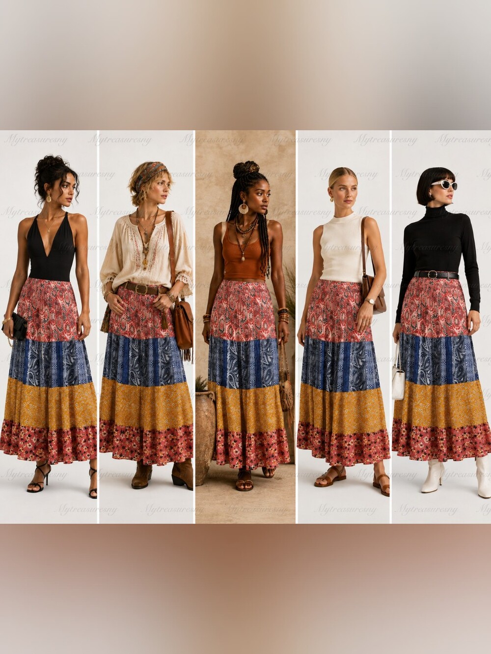 NWT Jackpot Breathable Boho Multi-Color Tiered Maxi Skirt Patchwork Gypsy